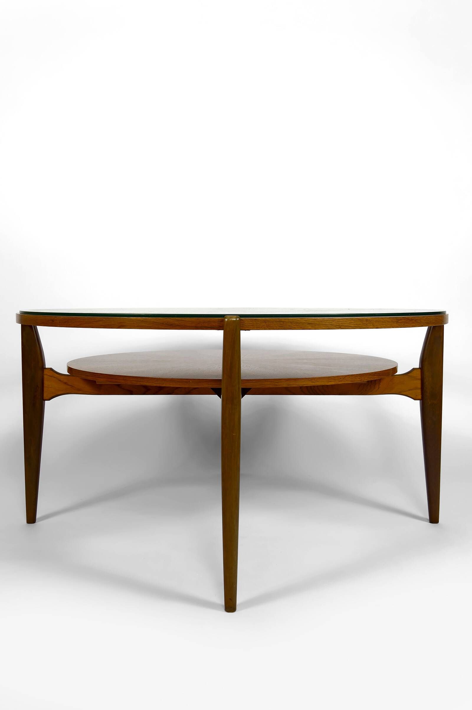Important modern Scandinavian style coffee table, walnut / glass – c. 1960