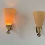 Pair of vintage wall lights, amber glass and patinated brass, France 1960