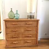 Commode 4 tiroirs vintage en rotin patiné années 80 bon état