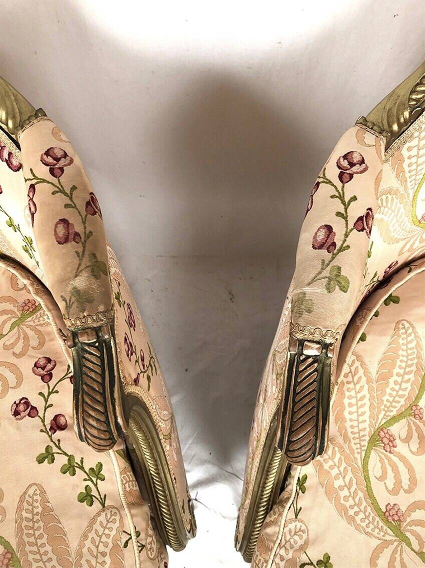 Pair of gilded wood chairs trimmed with silk with flower motifs, art deco inspired by Louis XVI