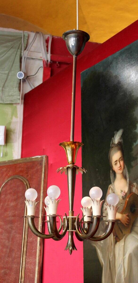 Art Deco Italian Brass 6-Lights Chandelier attributed to Gio Ponti for Lanci, 1930s