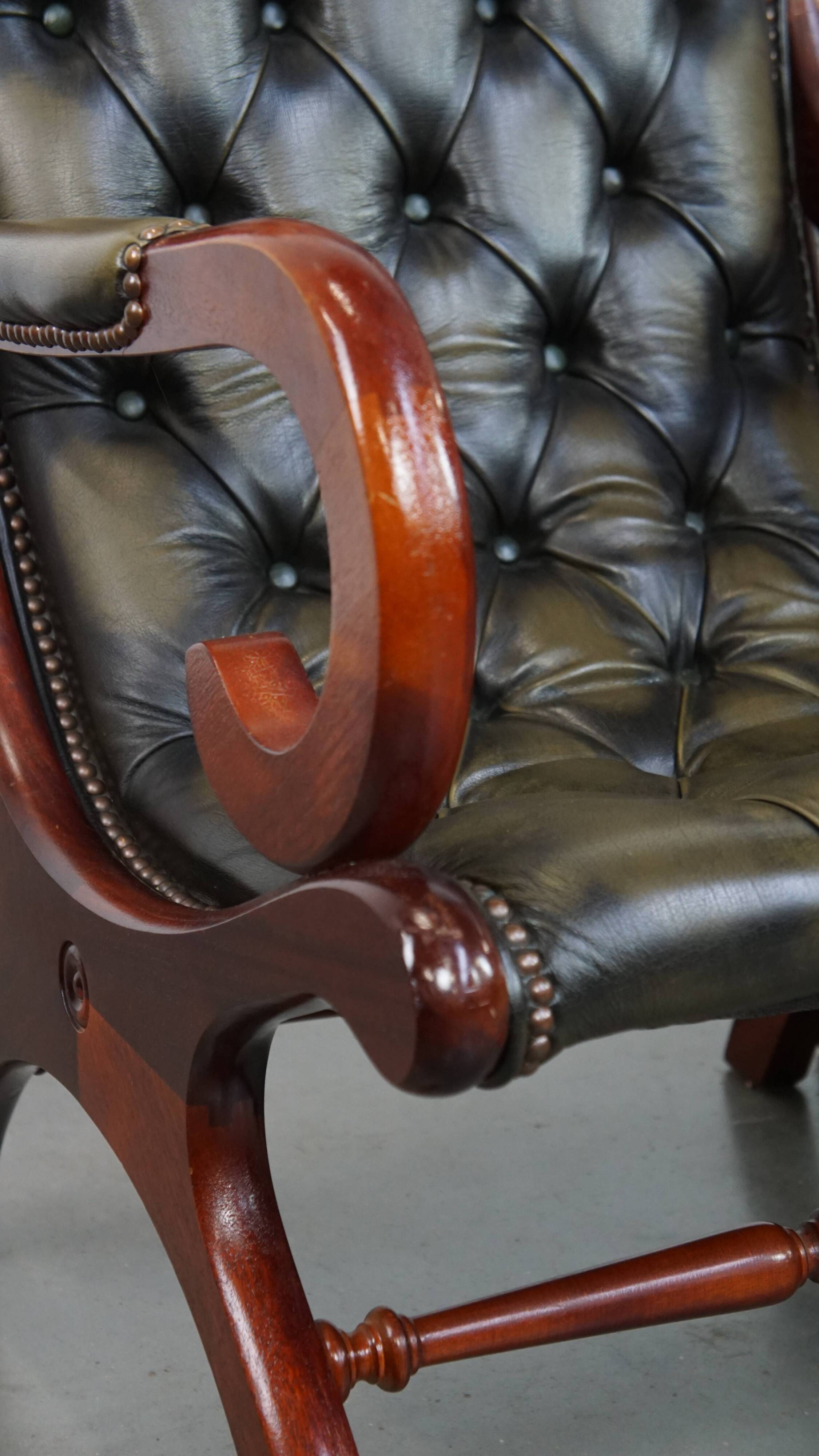 Set of 2 Green Cowhide Leather English Chesterfield Armchairs