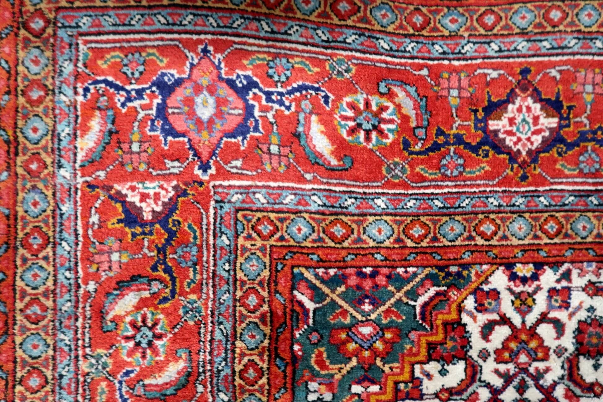 1940s vintage wool medallion rug, red and navy, 206 × 320 cm