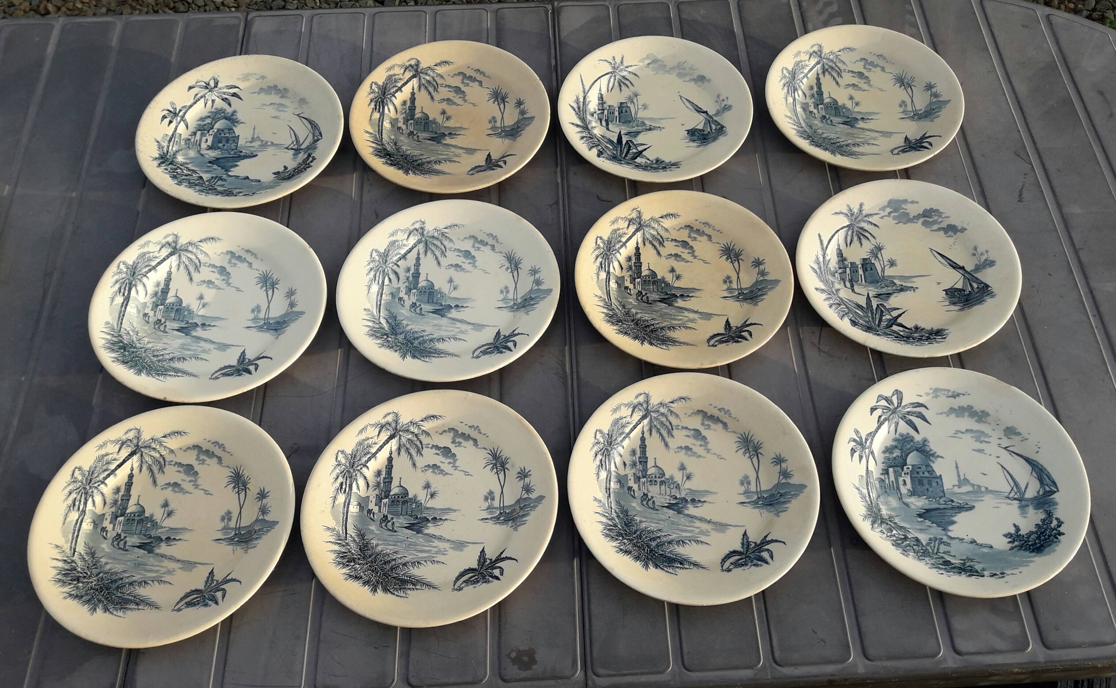Gien earthenware service, Vues d'Orient model, 21 pieces, late 19th century