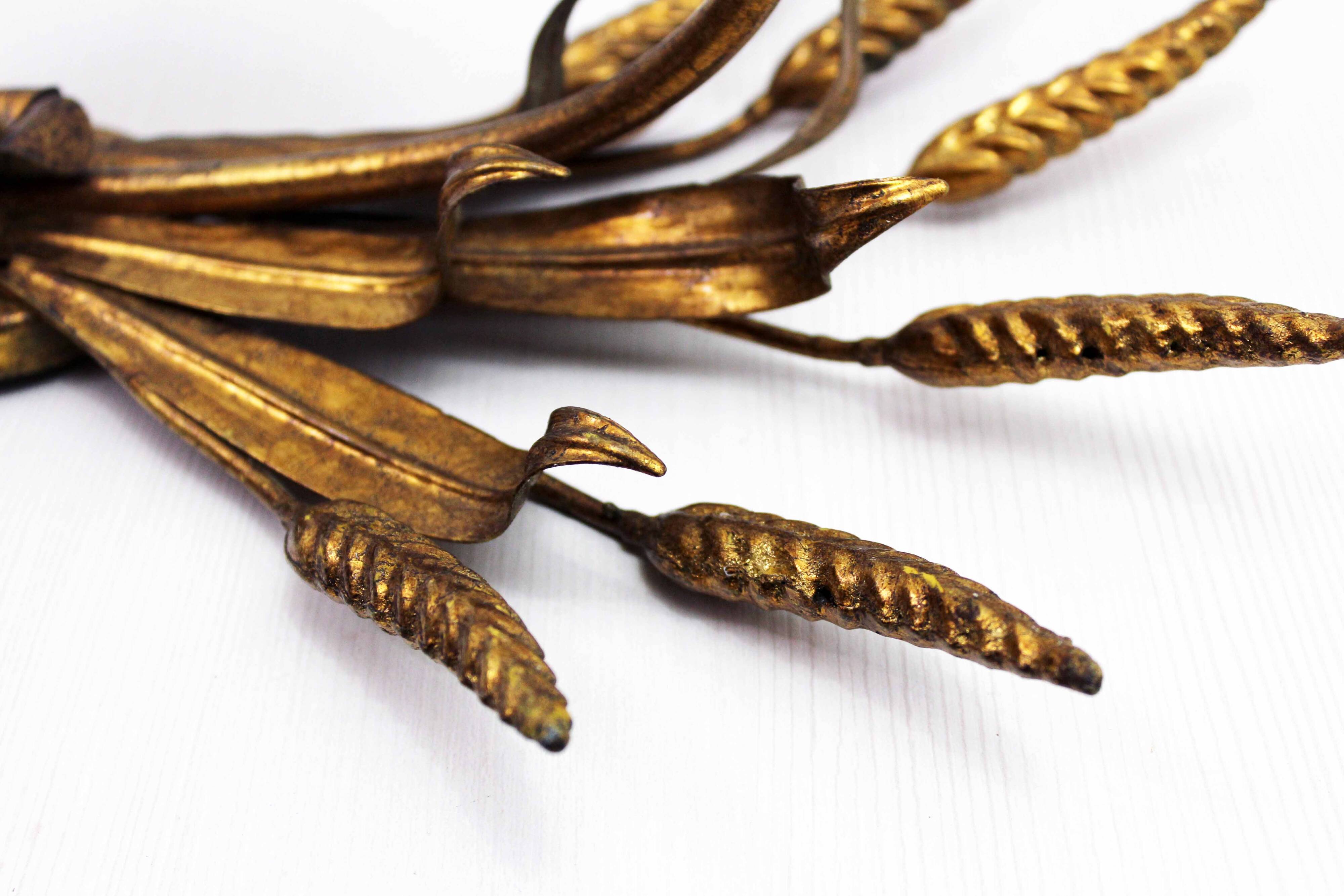 Gold leaf gilded metal wheat sheaf wall light 1950