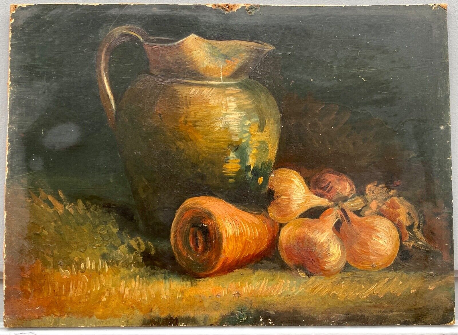 Oil on cardboard still life with pitcher and onions early twentieth century