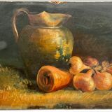 Oil on cardboard still life with pitcher and onions early twentieth century