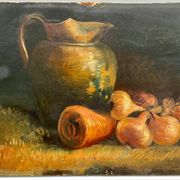 Oil on cardboard still life with pitcher and onions early twentieth century