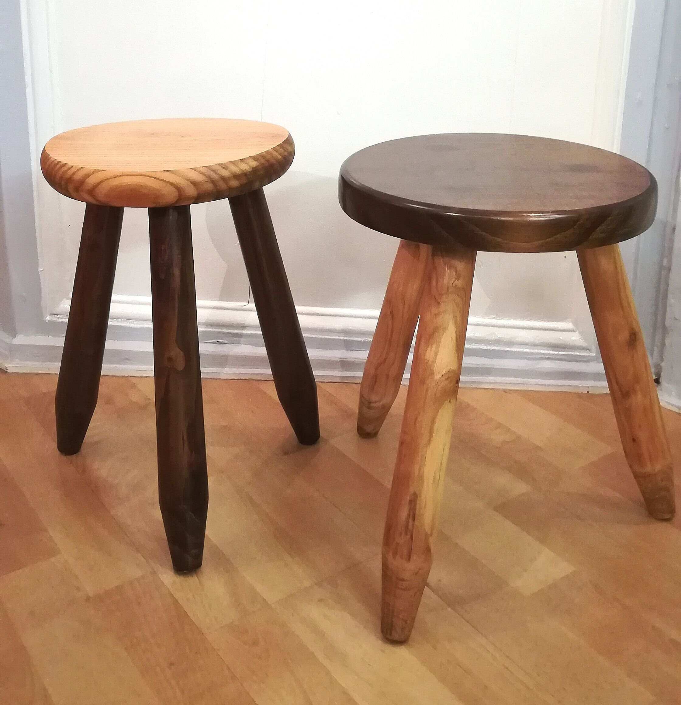 Two tripod stools wooden feet pencils