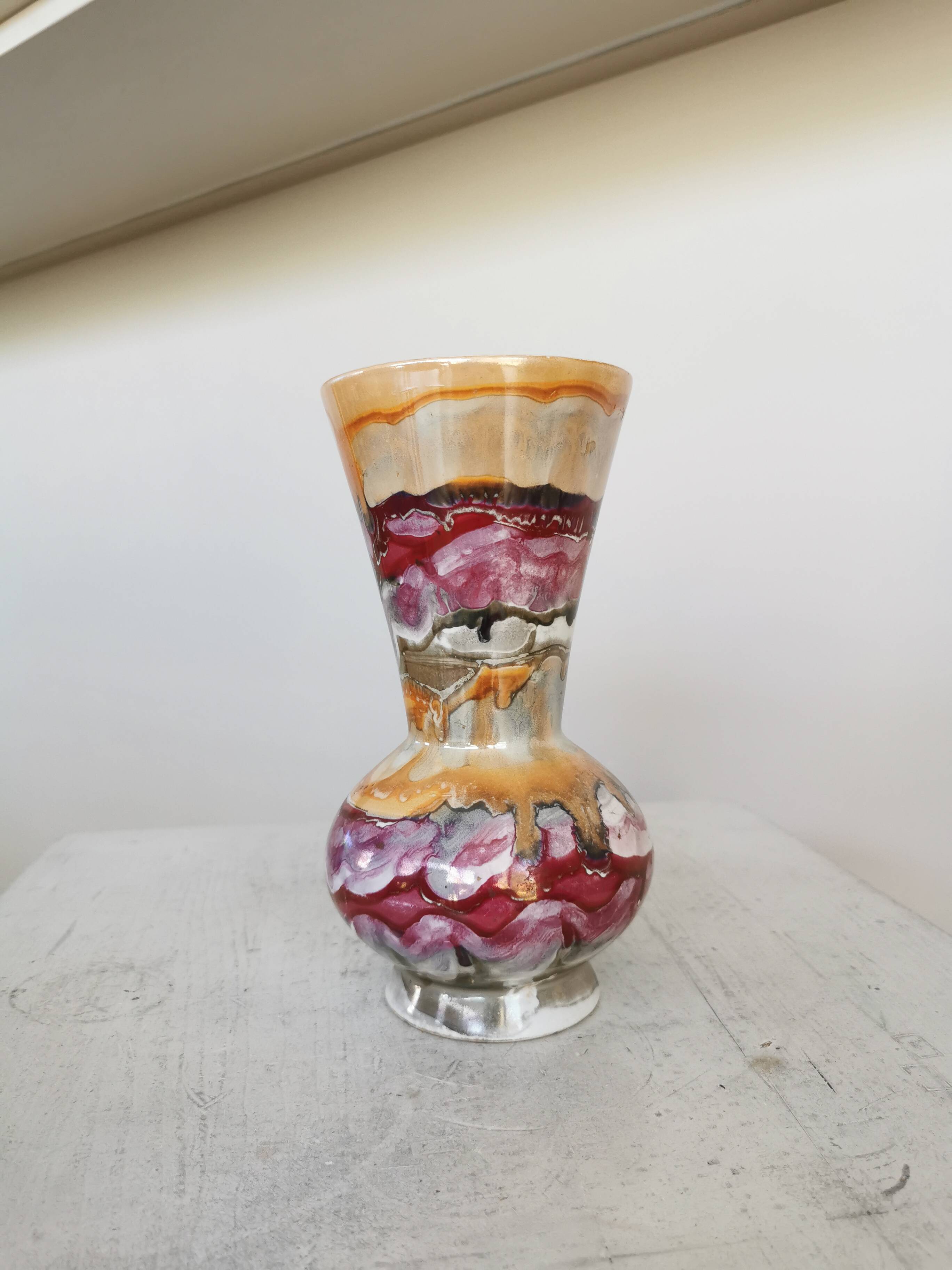 Vintage Handmade Ceramic Vase: 1970s Abstract Burgundy & Silver Glaze