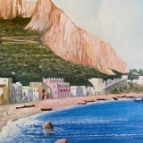 Painting Beautiful Neapolitan Gouache animated Boats (XX°) with inlaid frame