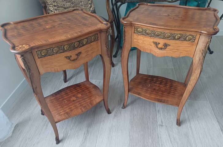 Pair of Louis XV style bedside tables with marquetry and bronze.