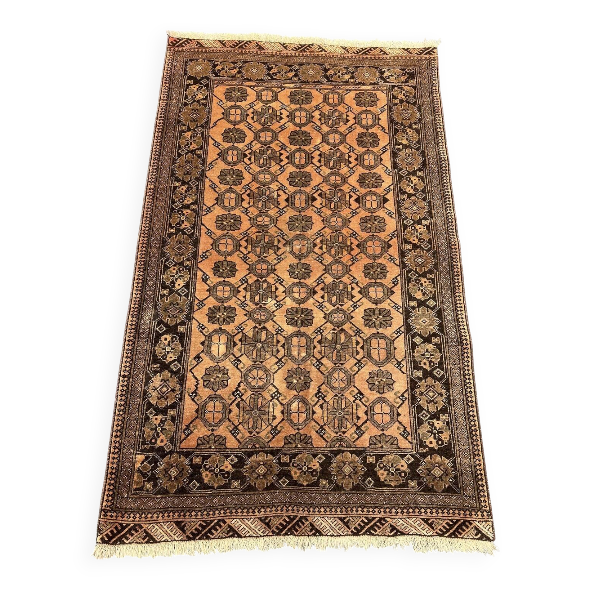 Old faded terracotta rug | Turkmen tribal wool rug