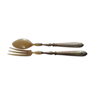 Vintage silver and horn salad servers