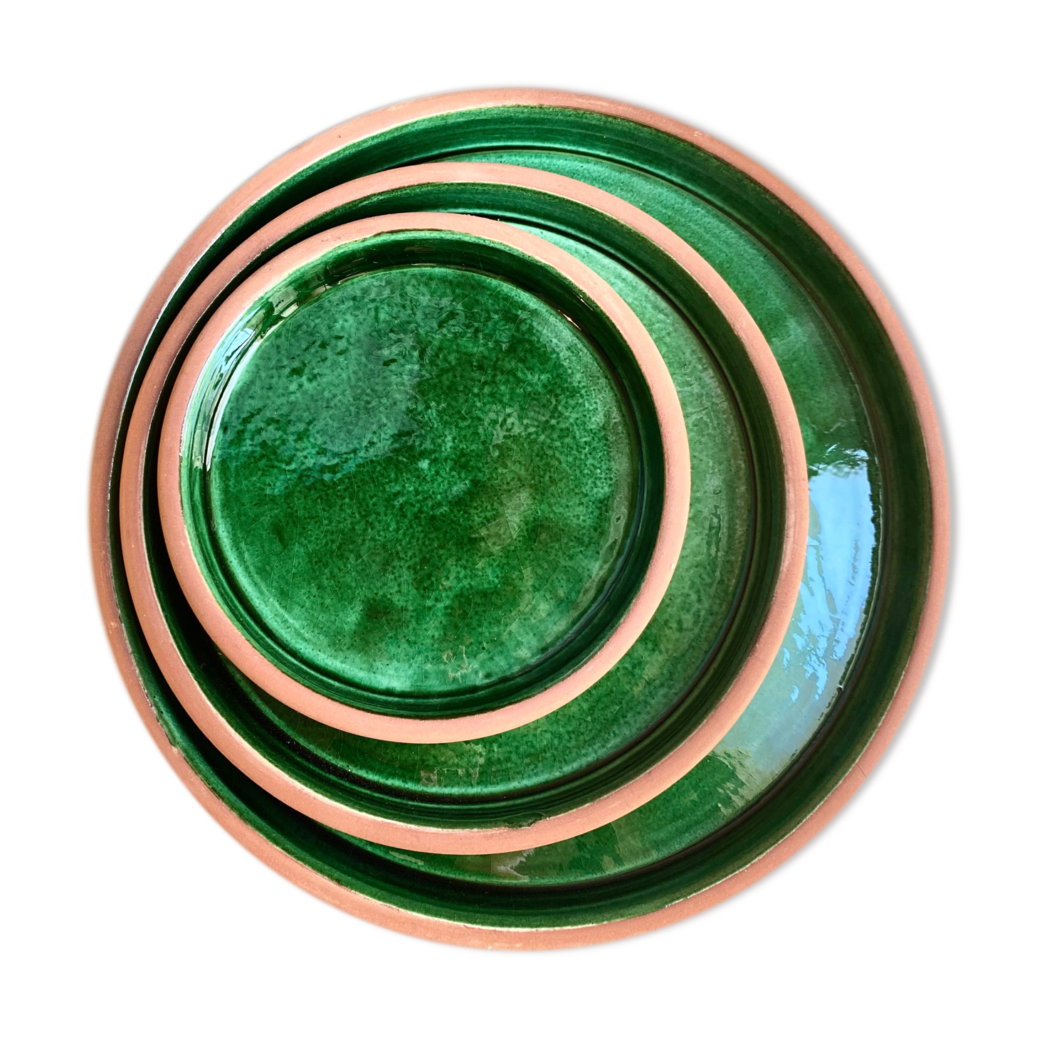 Set of 3 green glazed terracotta plates