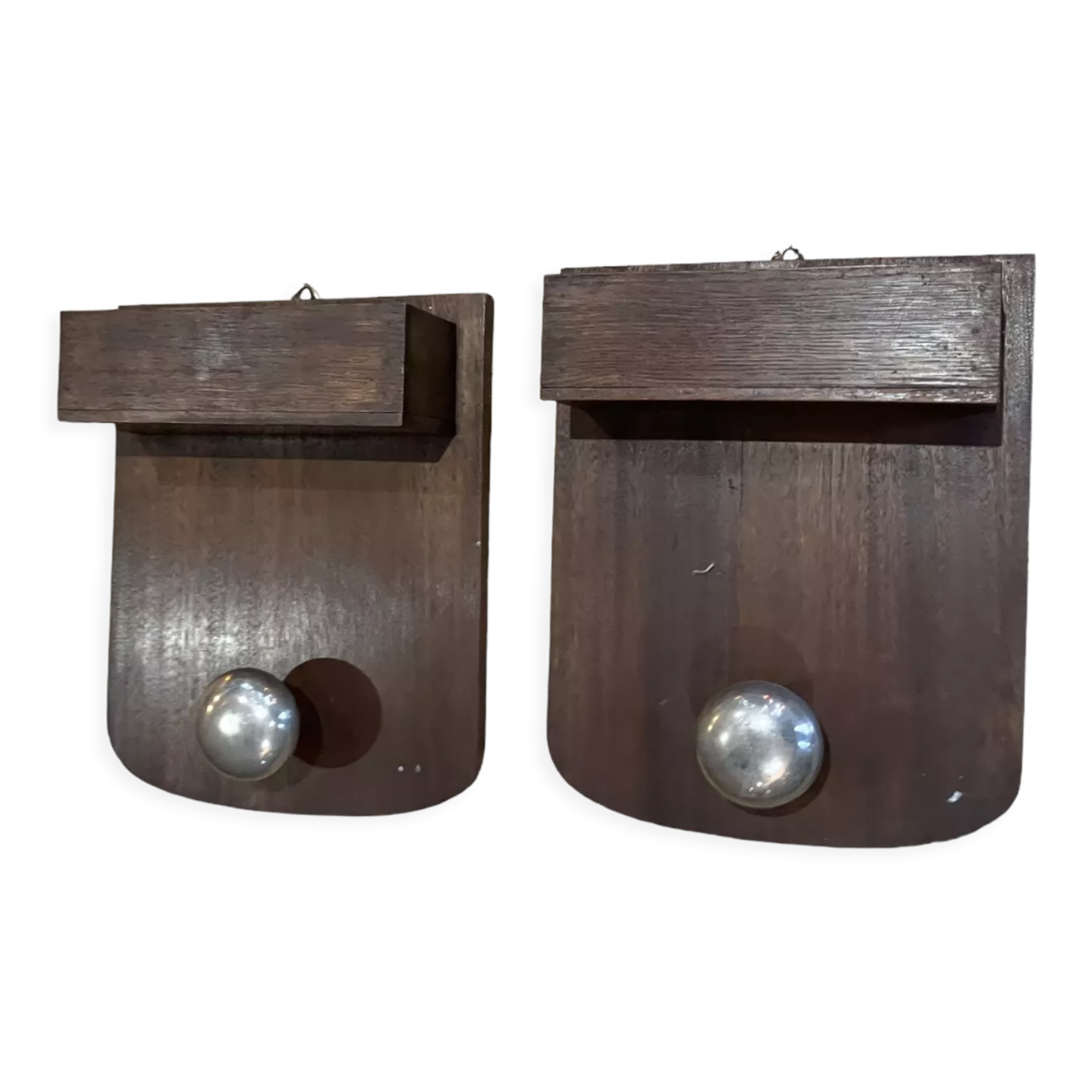 Paire de patères porte-manteau en bois massif et acier brossé années 1950