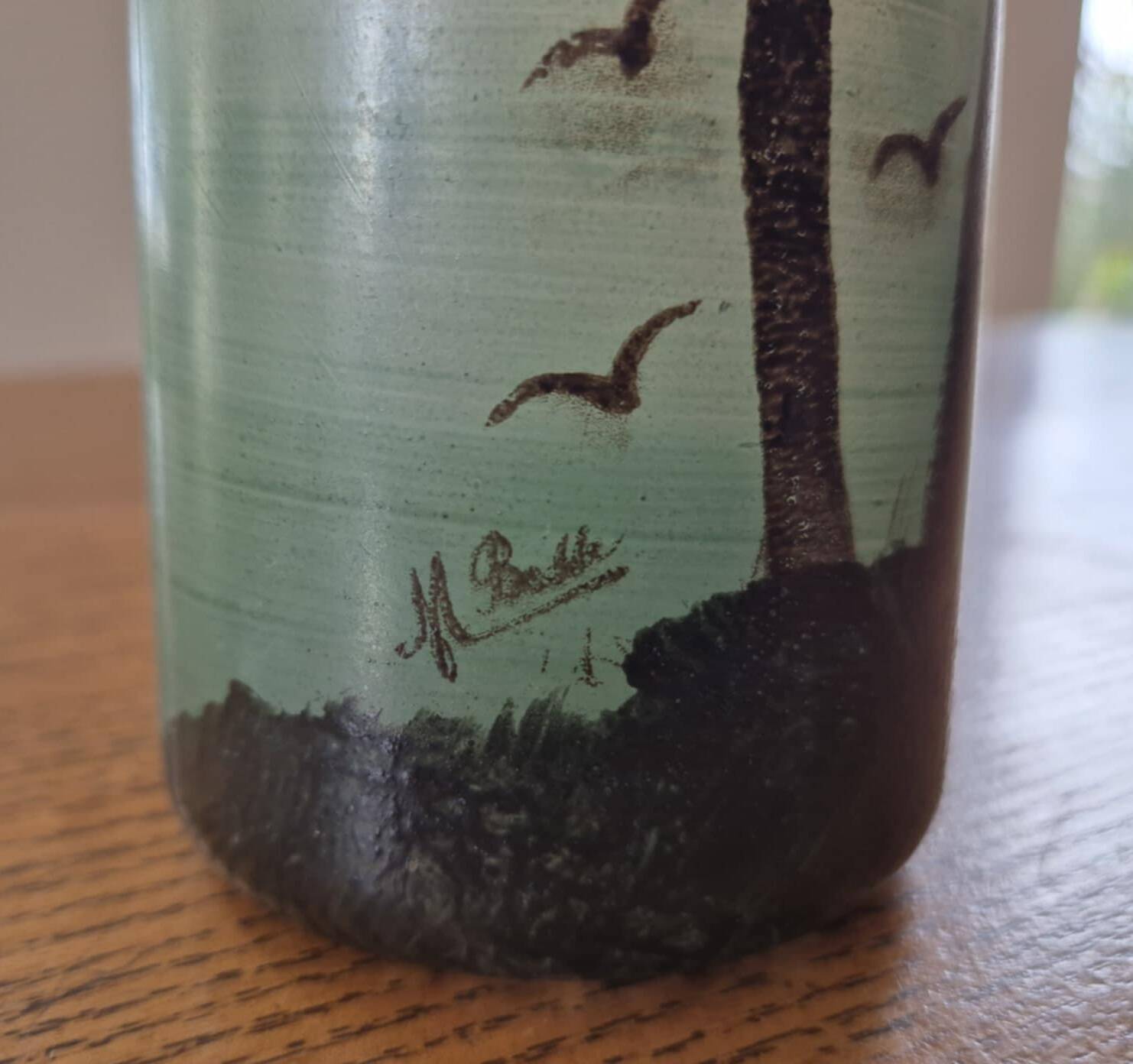 Frosted glass vase, painted Art Deco, signed.