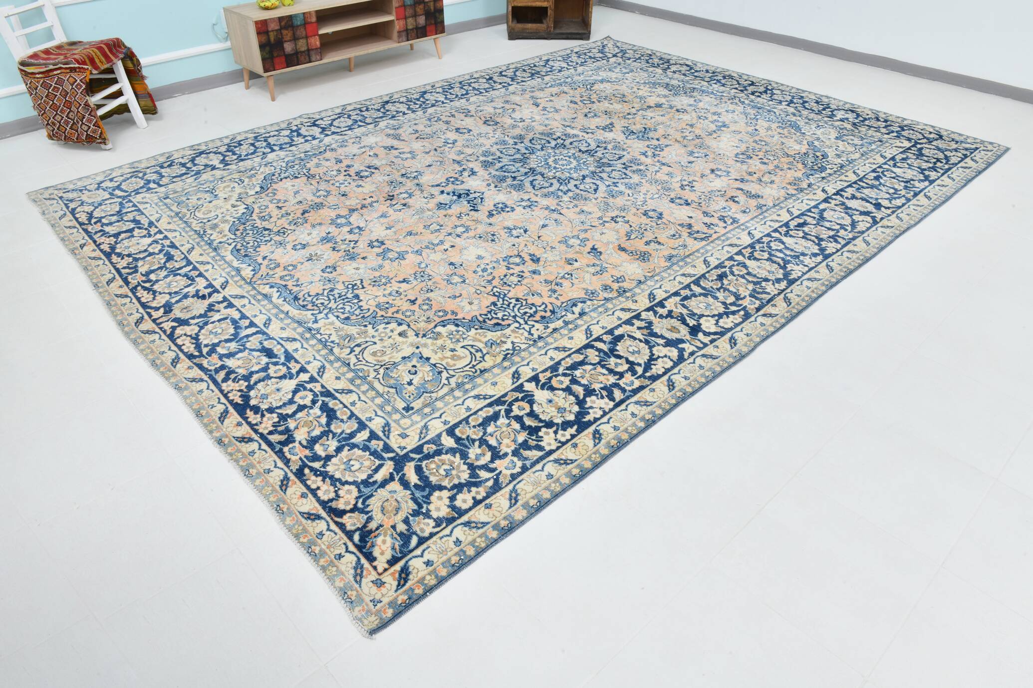 Tapis Persan Vintage Tissé Main, Motif Floral, Laine Beige & Bleu,301x414Cm