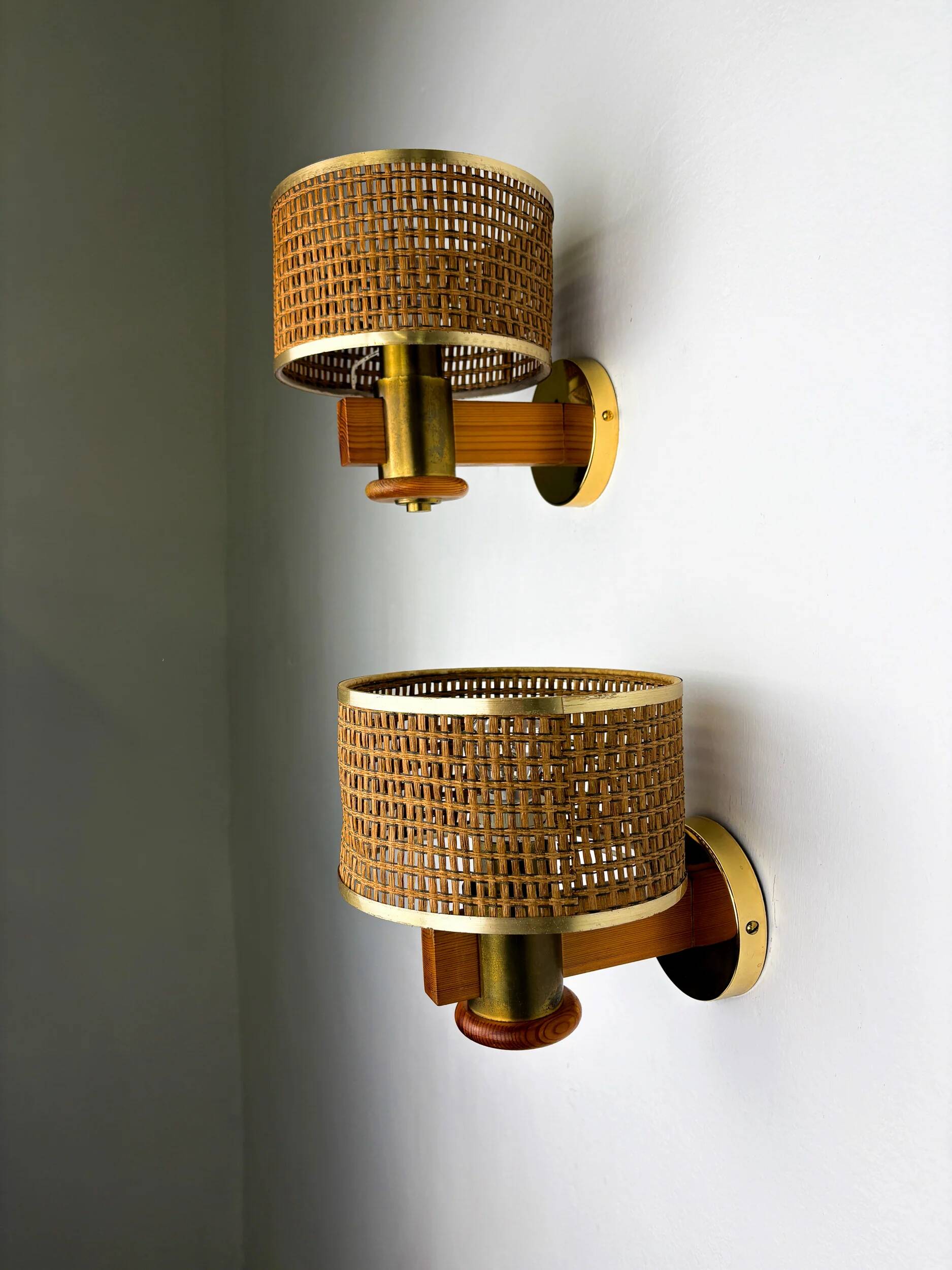 Pair of vintage rattan & wood wall sconces, Italy, 1970s