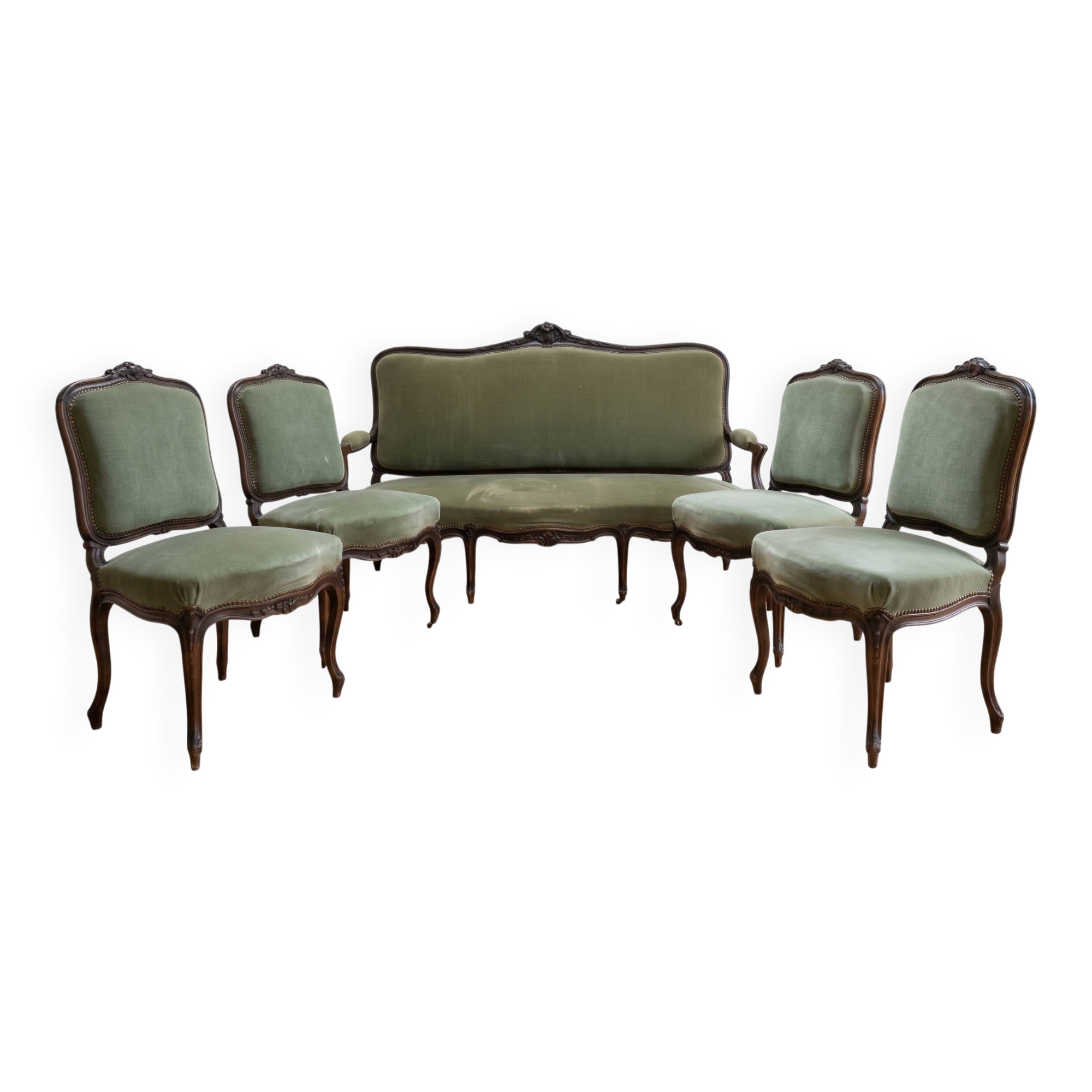 Set of antique living room furniture with a 3-seater sofa and 4 Louis XV armchairs.