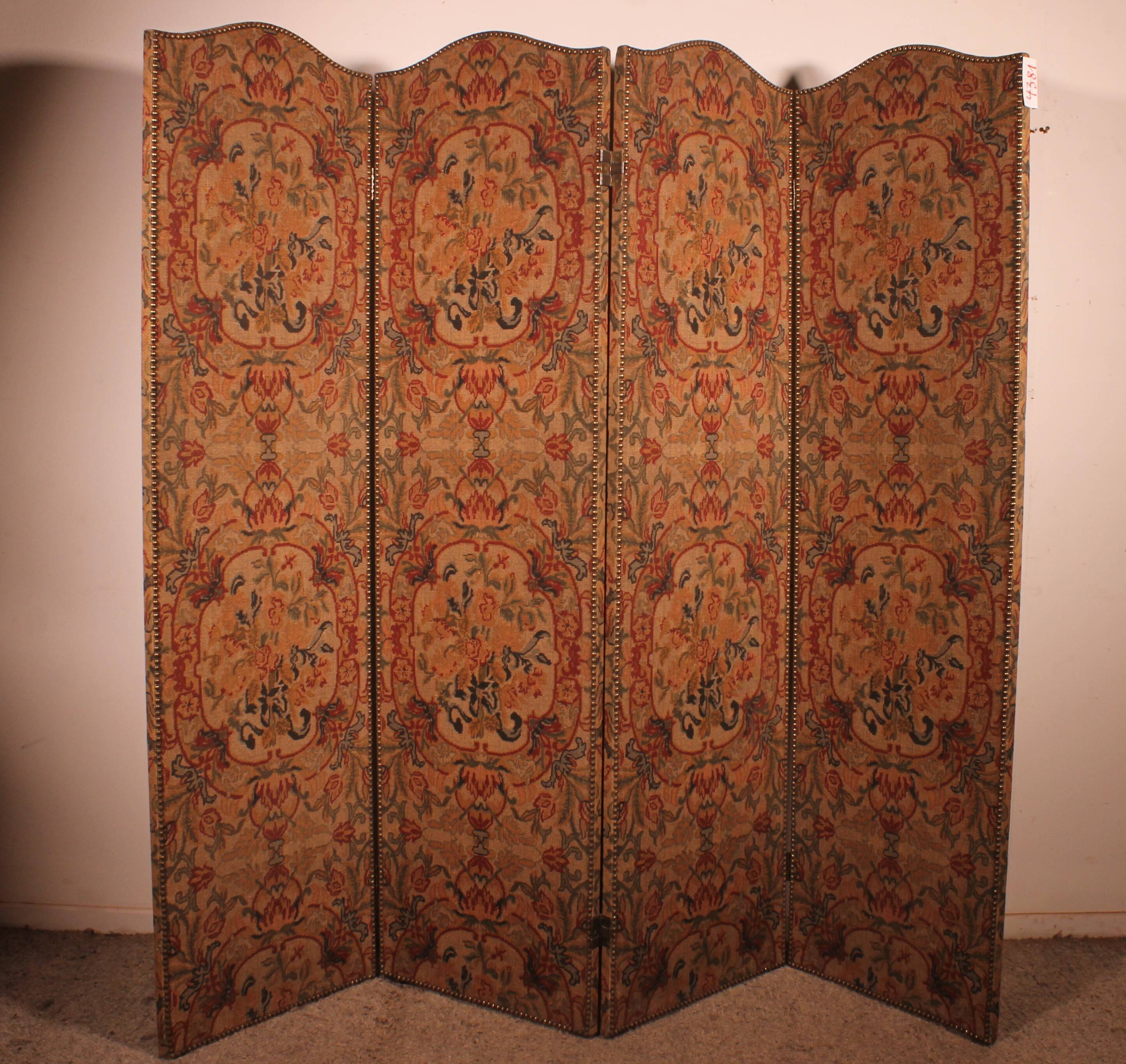 four-panel screen painted on 19th century fabric