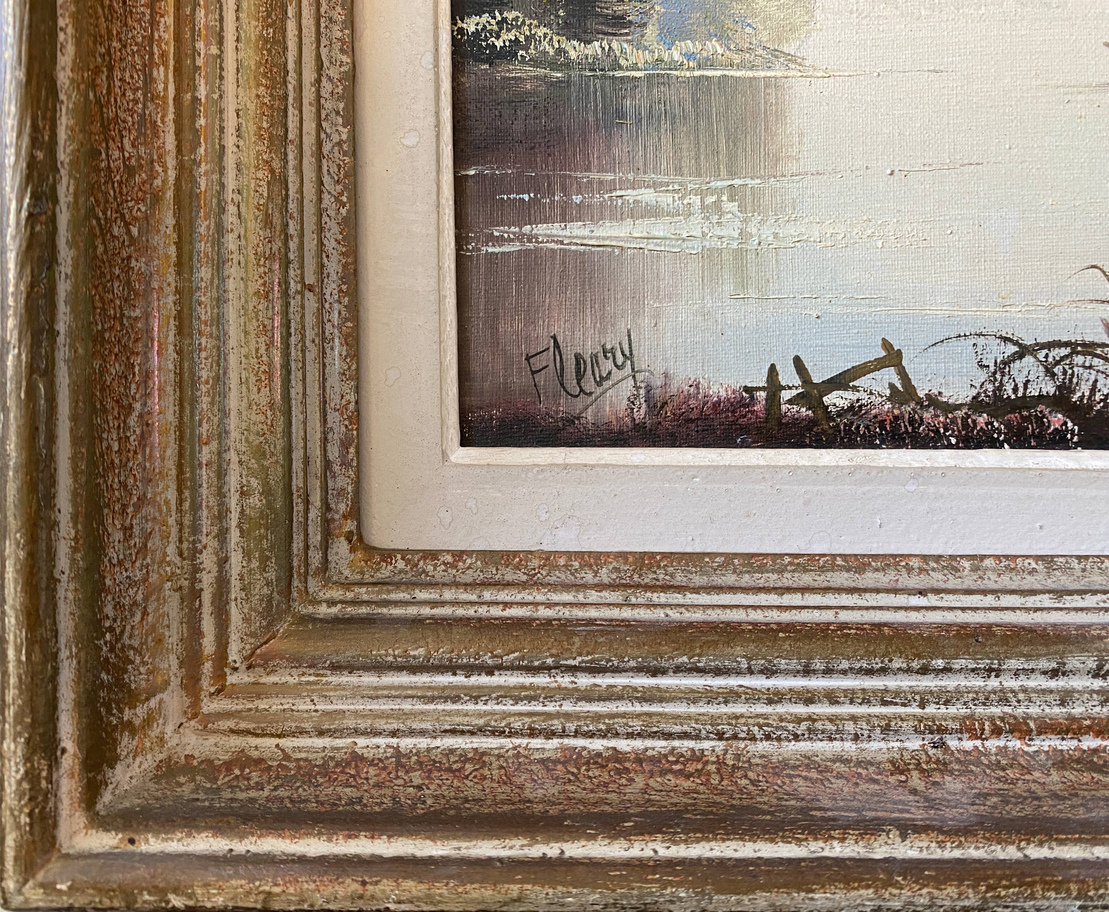 Painting "Landscape with wooded pond" HST signed Fleury + frame