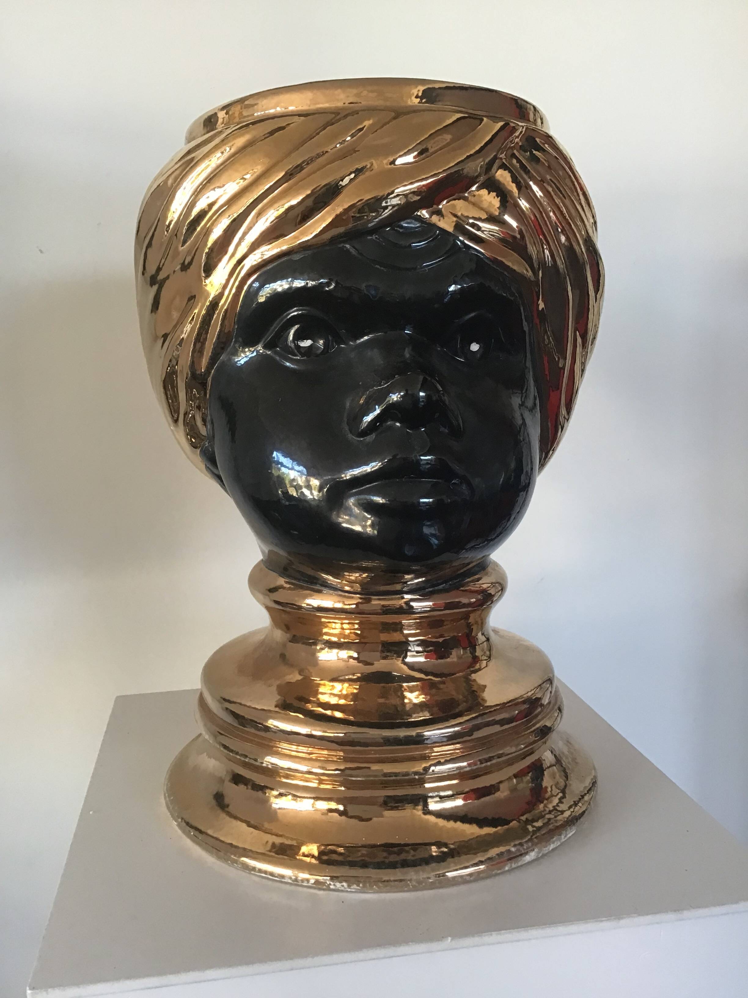 Nubian head vase or pot in black ceramic dlg by Piero Fornasetti