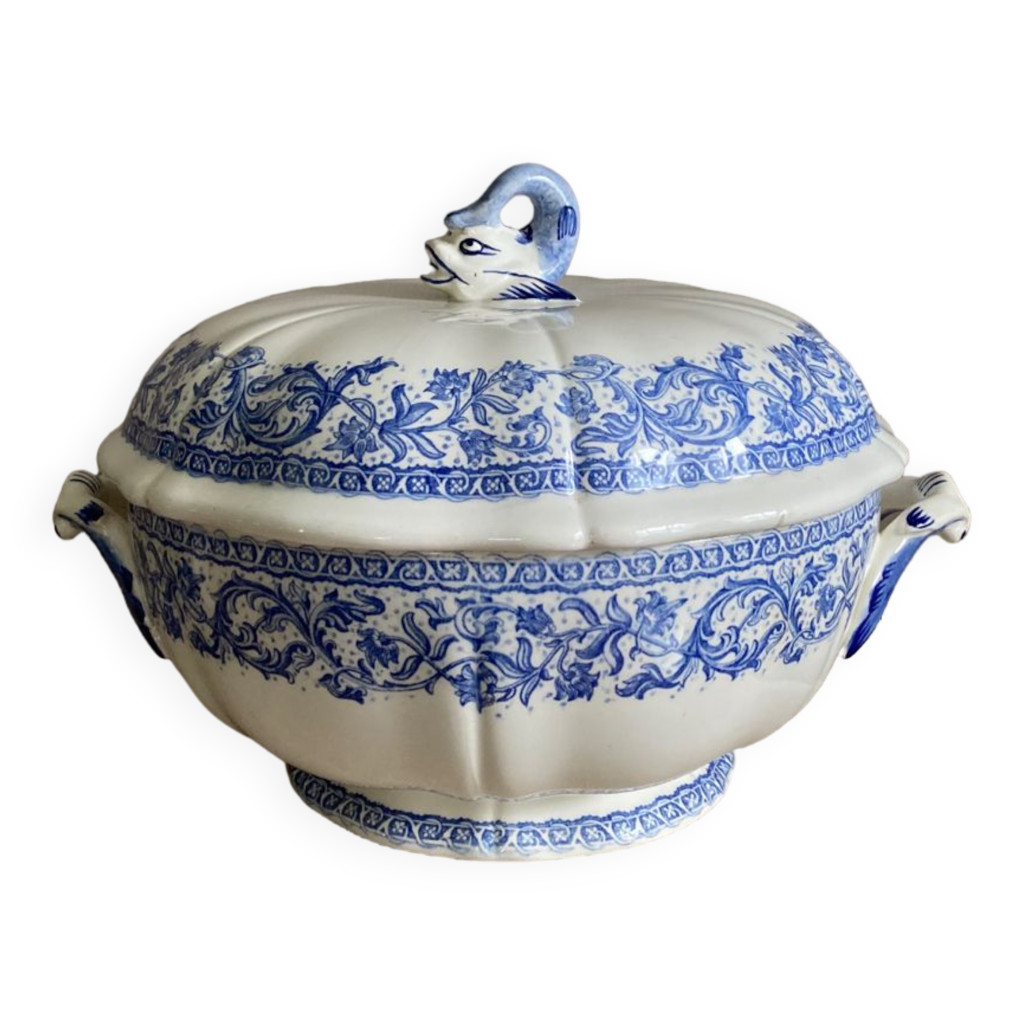 Soupière Ancienne En Faïence Blanche 2,5L - Décors Floraux Et Liserés Bleus - Parfait état