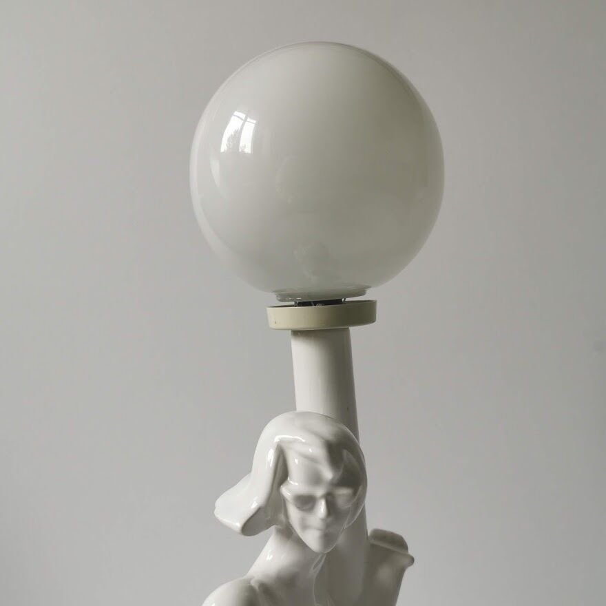 Ceramic woman lamp and opaline globe year 80