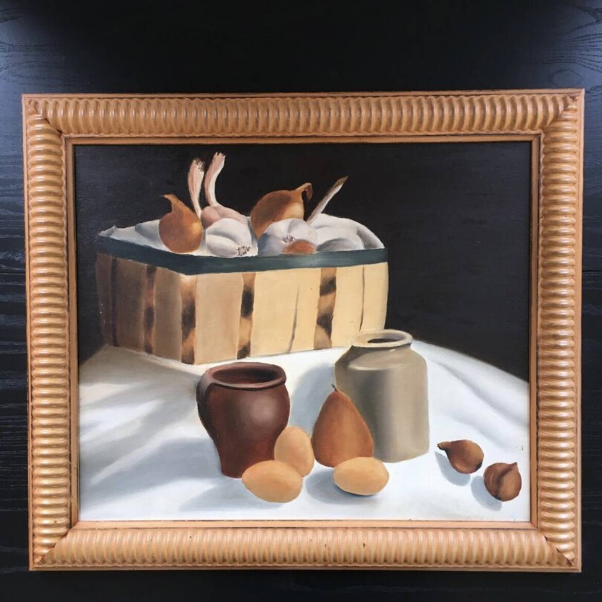 Still life painting of pots and vegetables