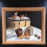 Tableau nature morte pots et légumes