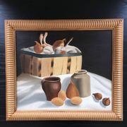 Still life painting of pots and vegetables
