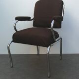 Space age designer armchair with chrome base and brown fabrics vintage 1960