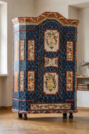 Antique hand-painted Baroque chest folk art cabinet dated solid wood Central Europe, 1865