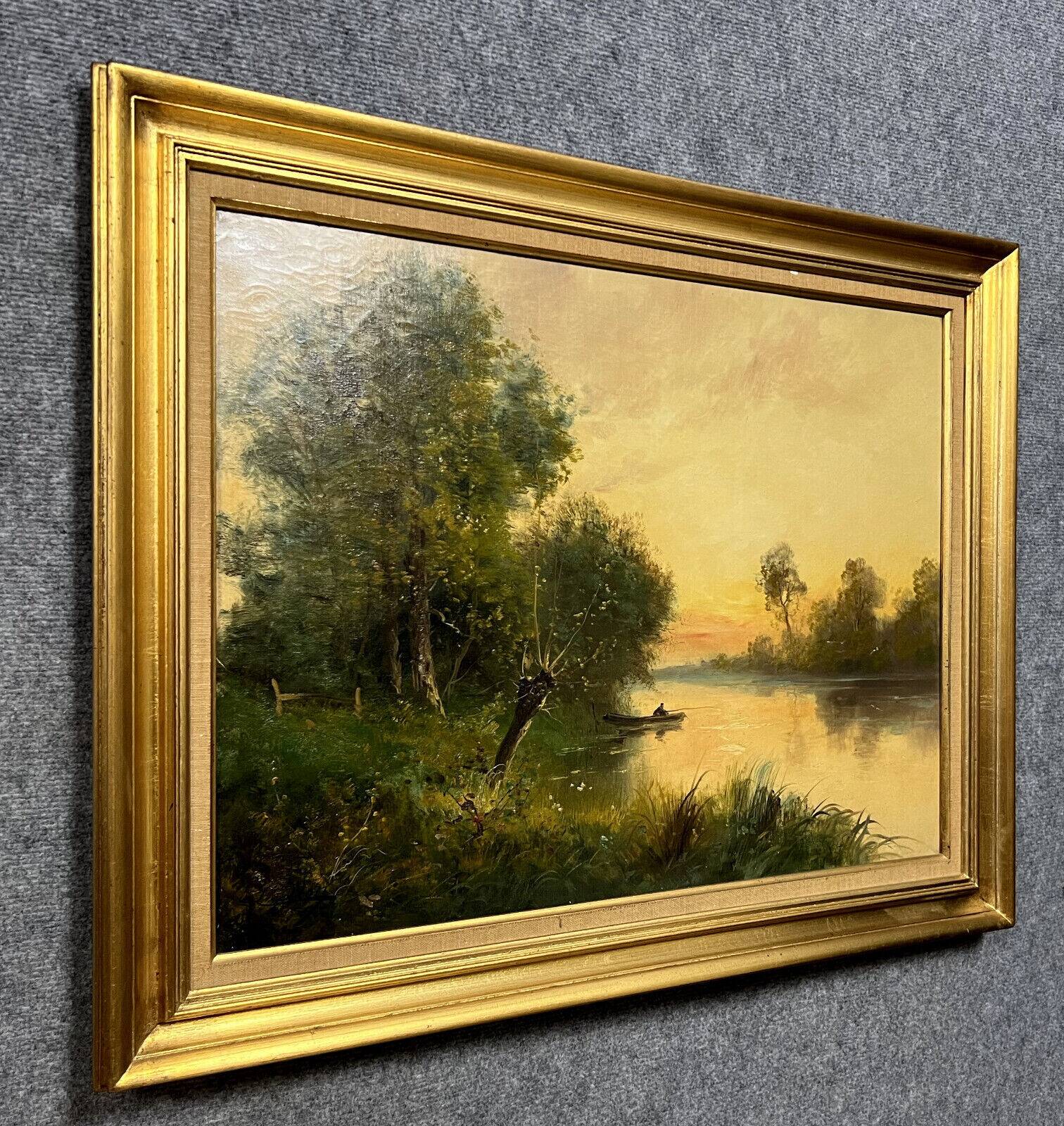 Barbizon School by C. Lion (19th): Painting representing a lively riverside around 1880