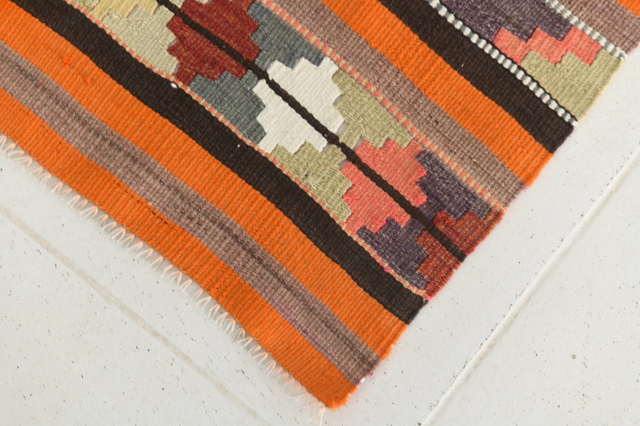 Pink & Brown Turkish Vintage Kilim Runner Rug, 77x387Cm