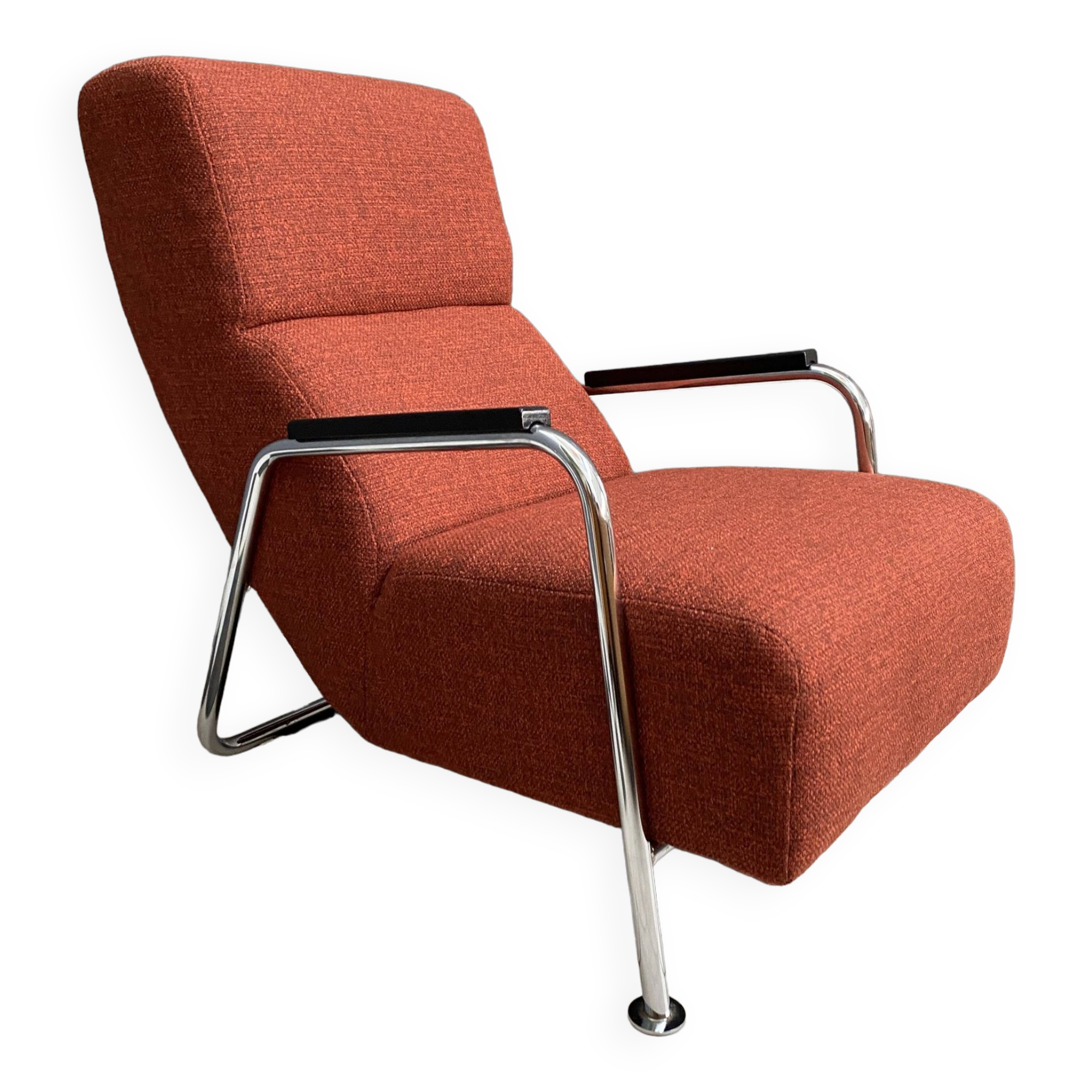 Red Brown fabric relax chair in Chrome frame 1970s