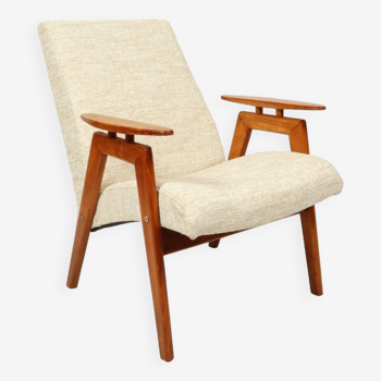 Vintage modern armchair design by J.Smidek white beige upholstery natural wood