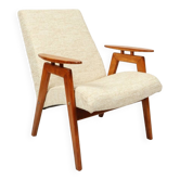 Fauteuil vintage moderne design par J.Smidek blanc beige revêtement bois naturel