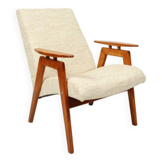 Vintage modern armchair design by J.Smidek white beige upholstery natural wood