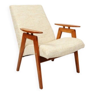 Fauteuil vintage moderne design par J.Smidek blanc beige revêtement bois naturel