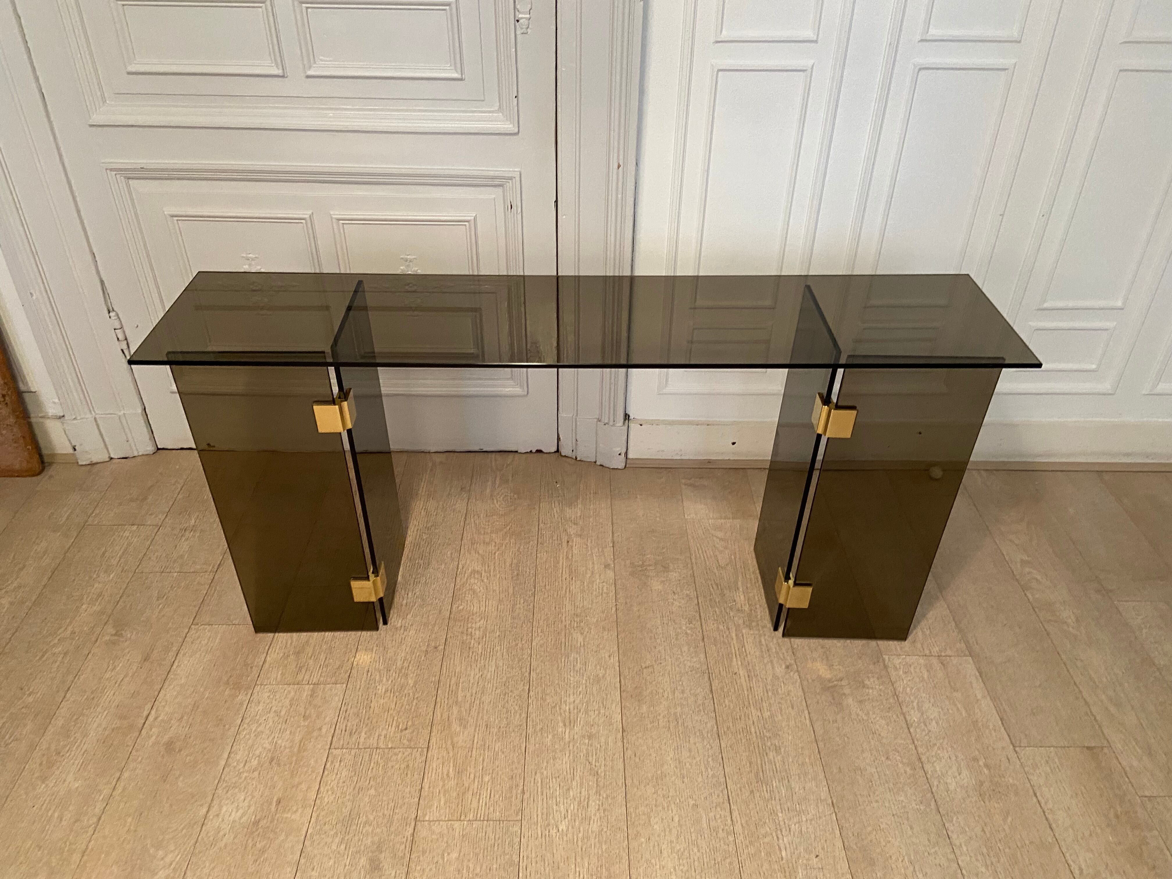 Console smoked glass and brass, 1970s