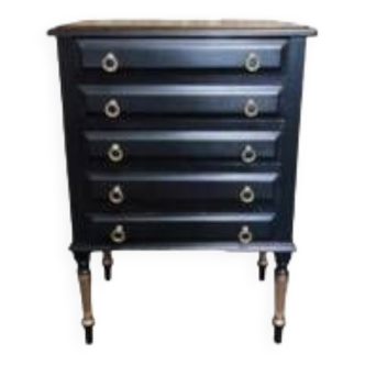 Chest of drawers in black and gold lacquered wood, 5 drawers with brass handles