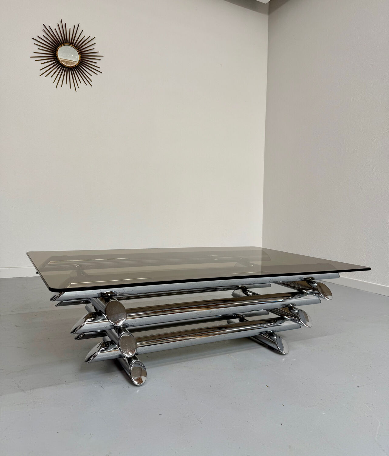 Space coffee table from the 70s, tubular metal and glass, Italian design