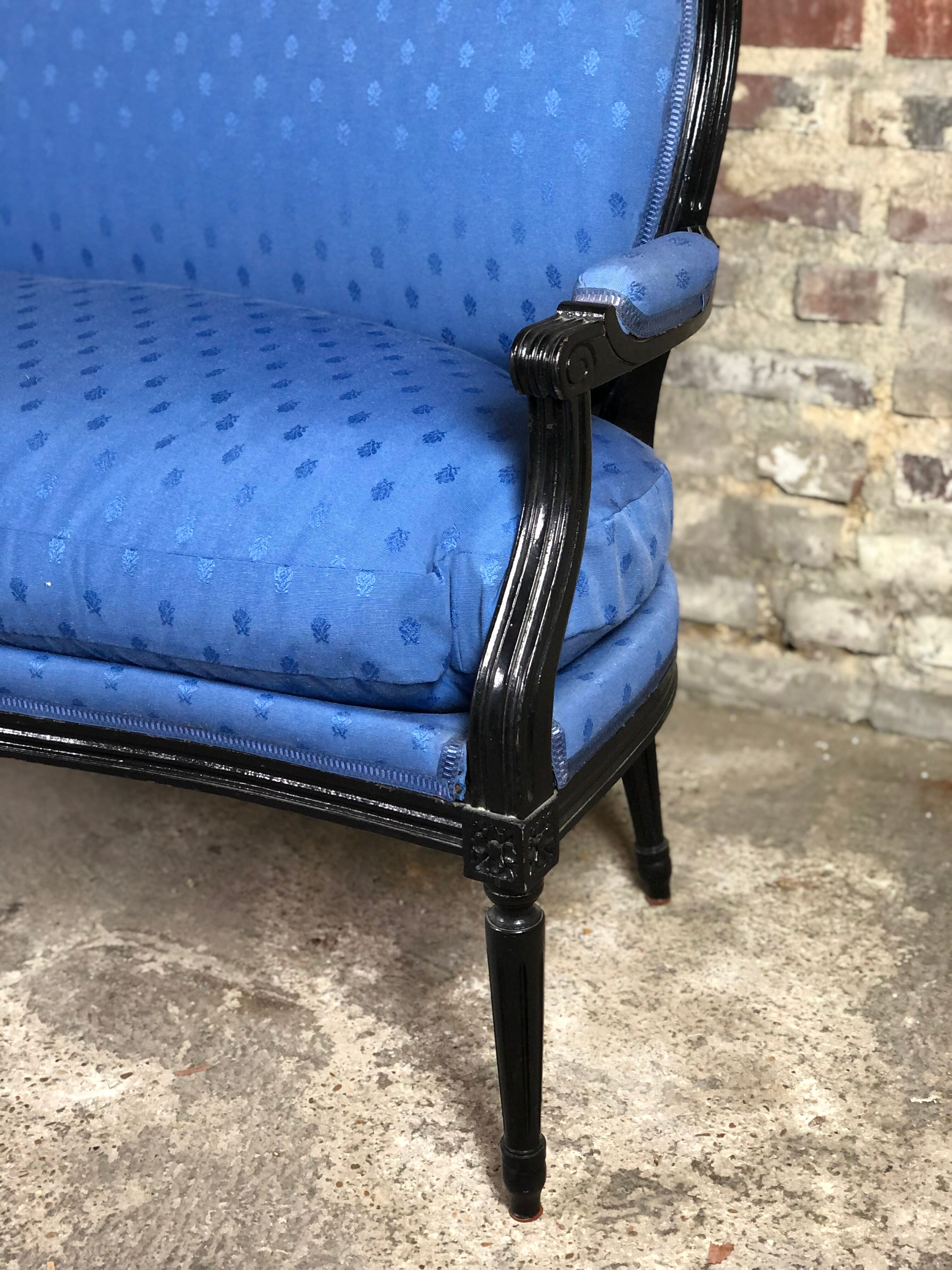 Louis XVI style bench in black wood and blue fabric
