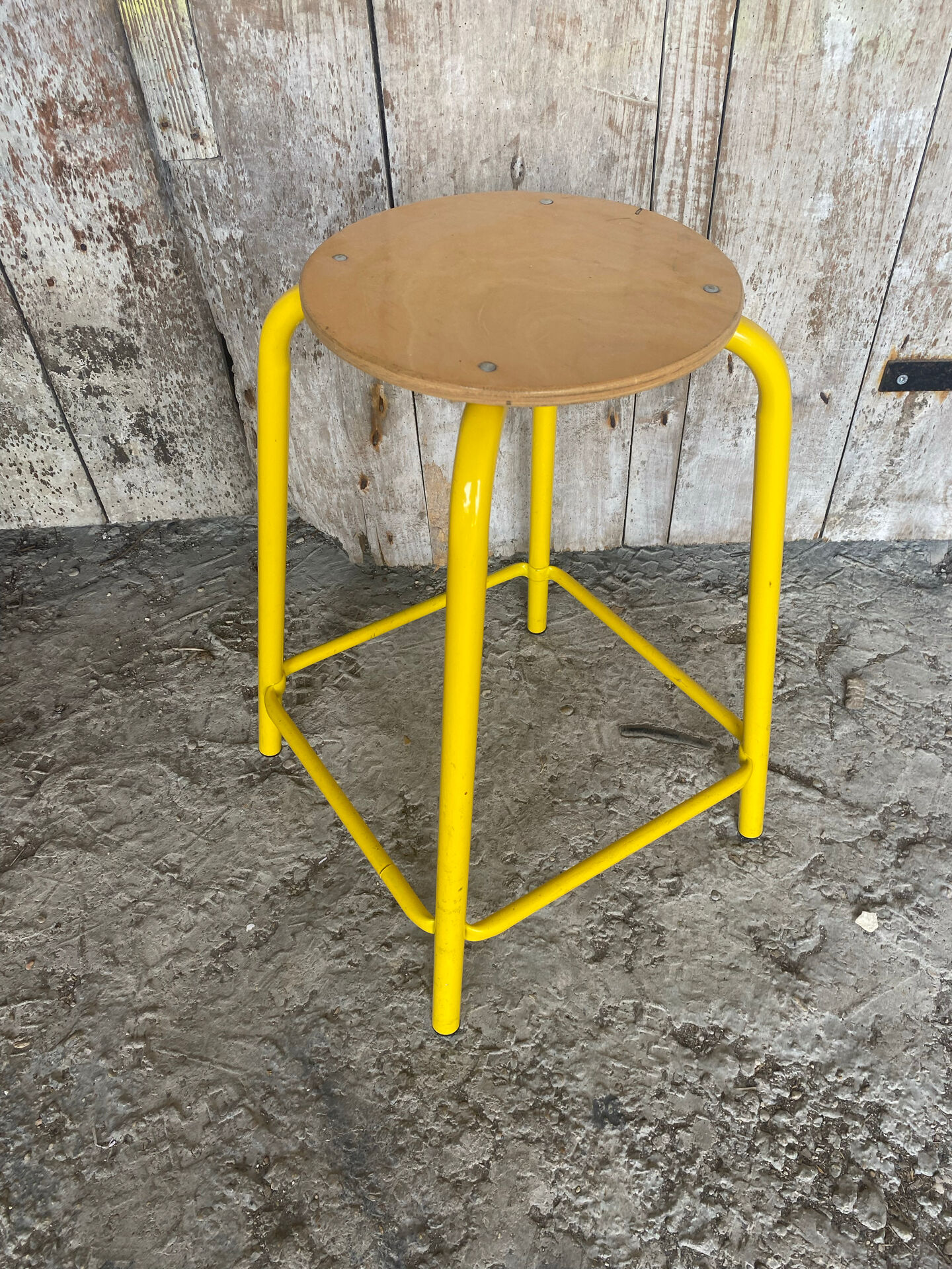 Vintage Industrial Stool Yellow Metal Tube + Wooden Seat