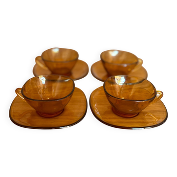 Service 4 tasses & coupelles Vereco carrée coins arrondis verre ambré 70s