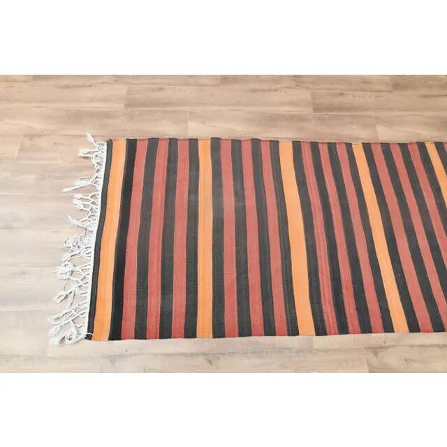 1970s Vintage Turkish Handmade Wool Cotton Red Orange Kilim Rug 93x323