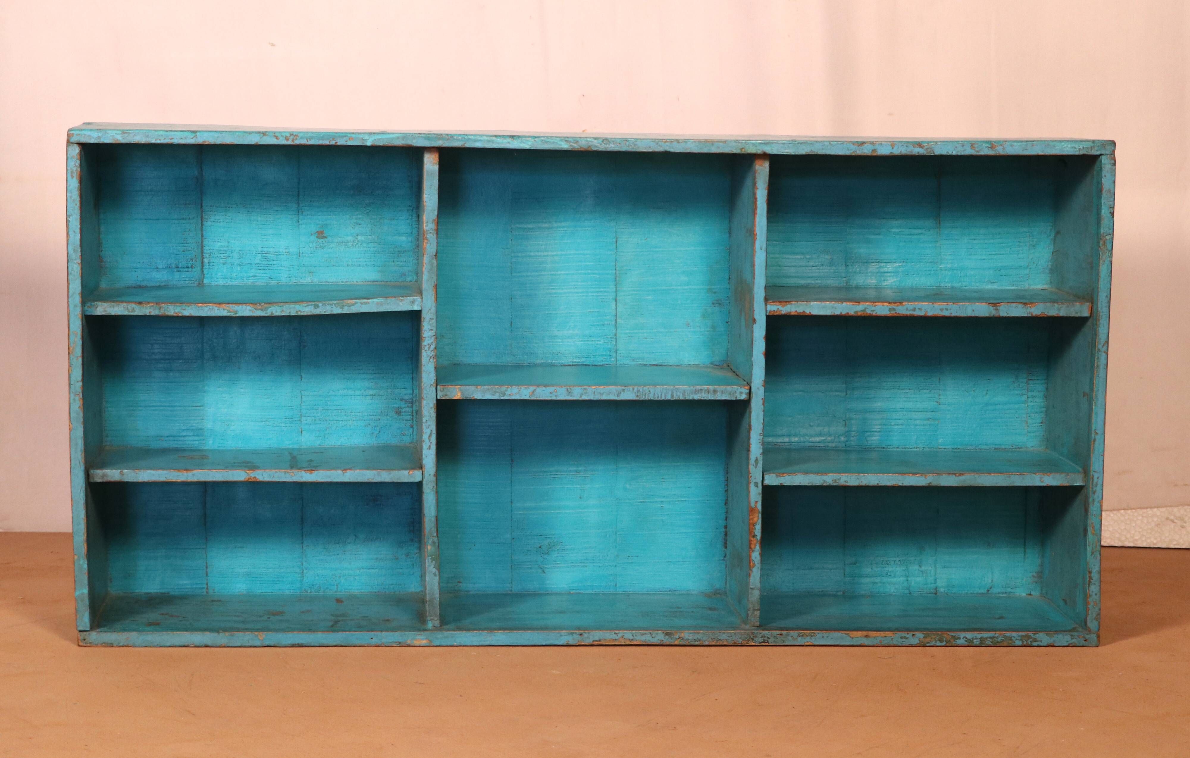 Old Burmese teak workshop shelf original blue patina