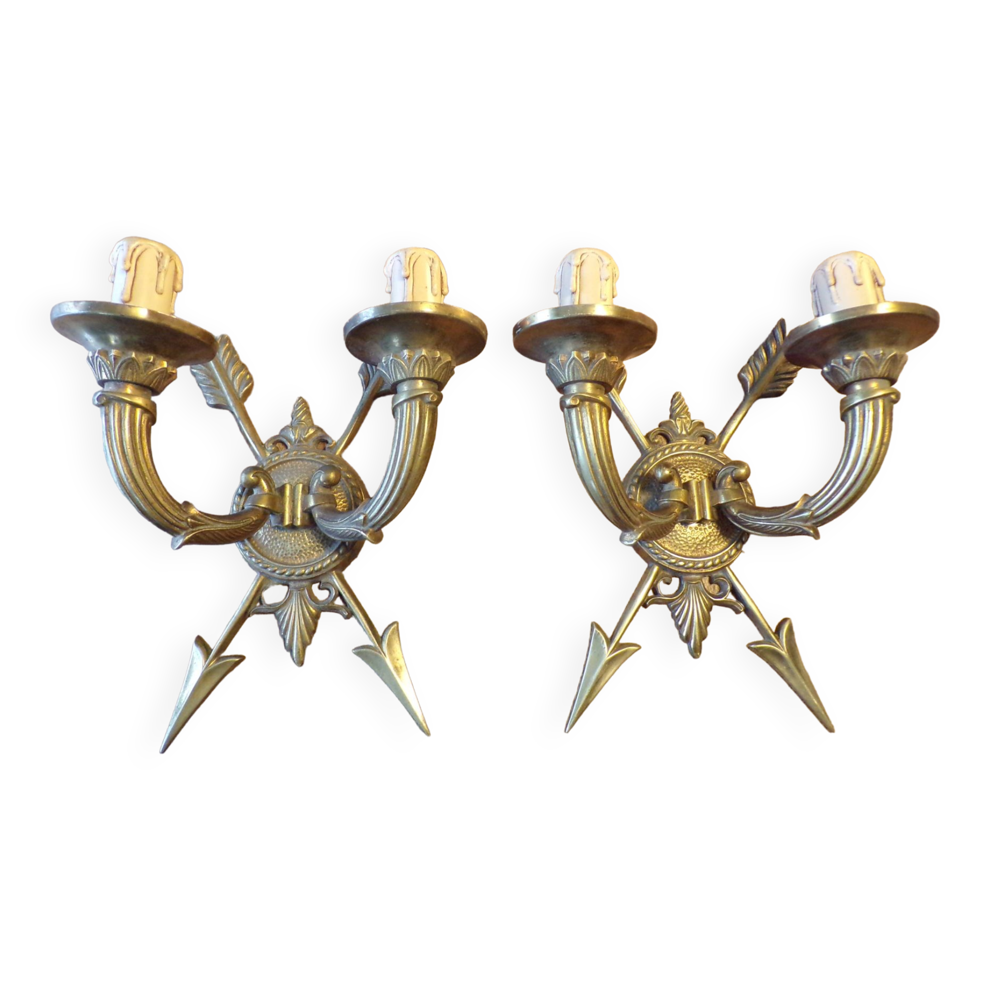 Pair of empire style bronze arrow wall lights